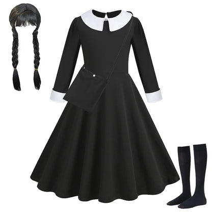 Robe de Soirée Noire pour Fille, Tenue Éducative pour Halloween, Addams, Cosplay, Gothique, Carnaval, Enfant