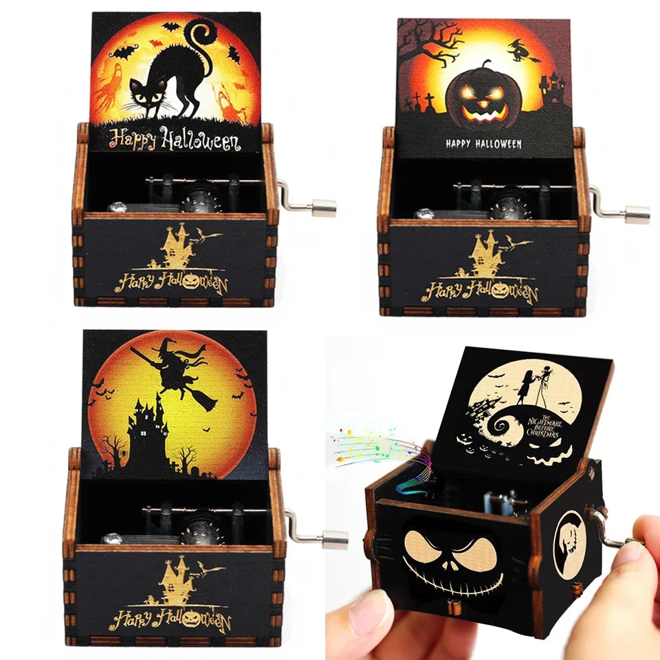 Boîte à musique en bois sculpté antique, manivelle, joyeux Halloween, vous êtes ma Dominique, décor d'Halloween, Noël, cadeau d'anniversaire