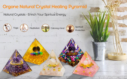 Pyramide de générateur d'énergie en cristal naturel, péridot, améthyste, Reiki, Chakra de guérison, pyramide en résine, décor égyptien, décoration de salle, 1 pièce