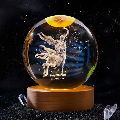 Décoration artisanale en verre 3D, 12 Constellations, boule de cristal gravée au Laser, système solaire d'anniversaire, cadeau, Base en bois, décor de bureau pour la maison
