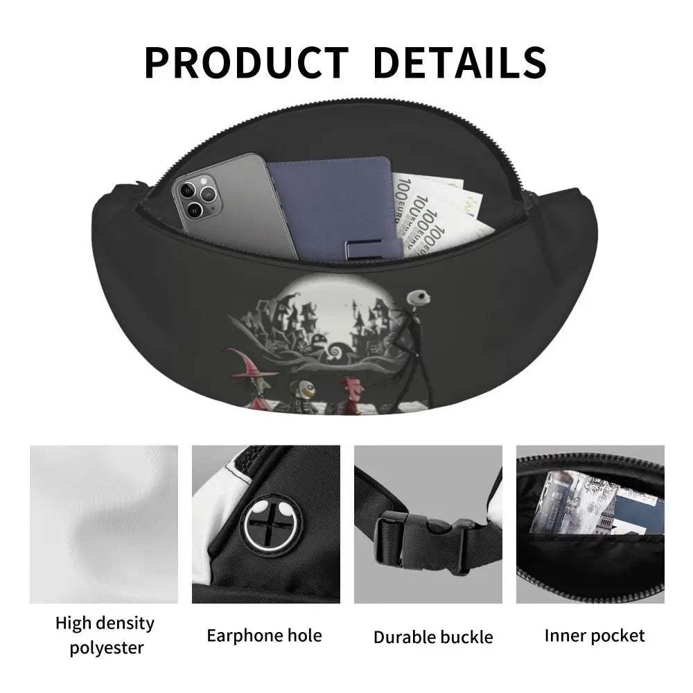 Sac Banane Personnalisé L'Étrange Noël de Monsieur Jack, Sacoche à Bandoulière pour Voyage, Randonnée, Téléphone, Poudres d'Argent