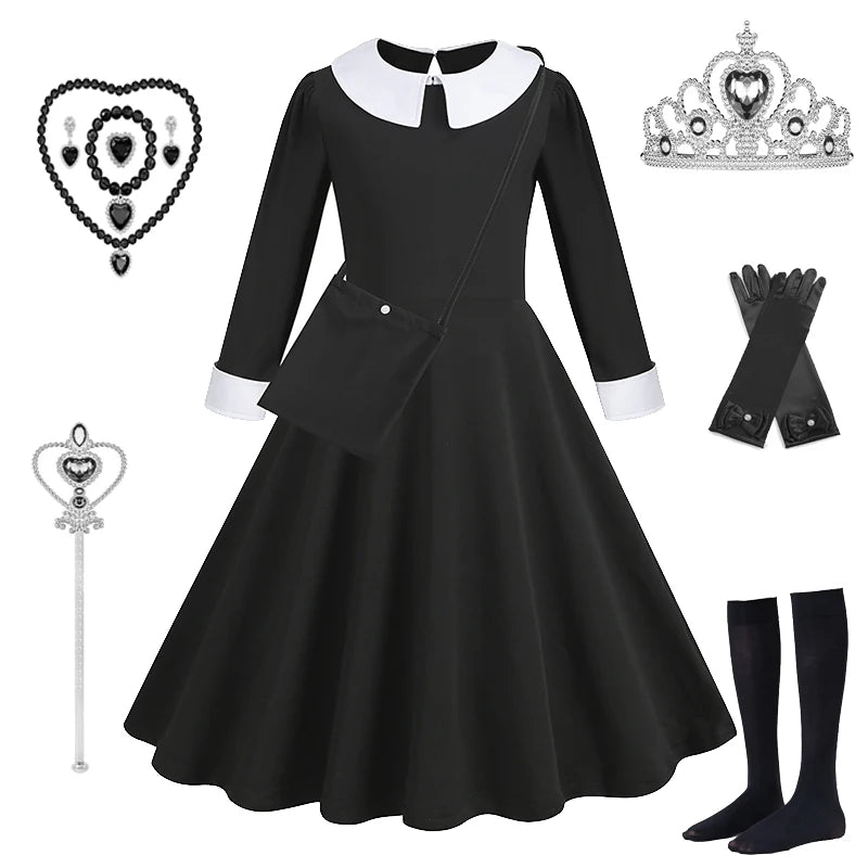 Robe de Soirée Noire pour Fille, Tenue Éducative pour Halloween, Addams, Cosplay, Gothique, Carnaval, Enfant
