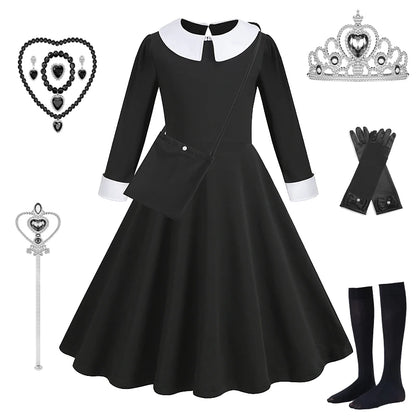 Robe de Soirée Noire pour Fille, Tenue Éducative pour Halloween, Addams, Cosplay, Gothique, Carnaval, Enfant