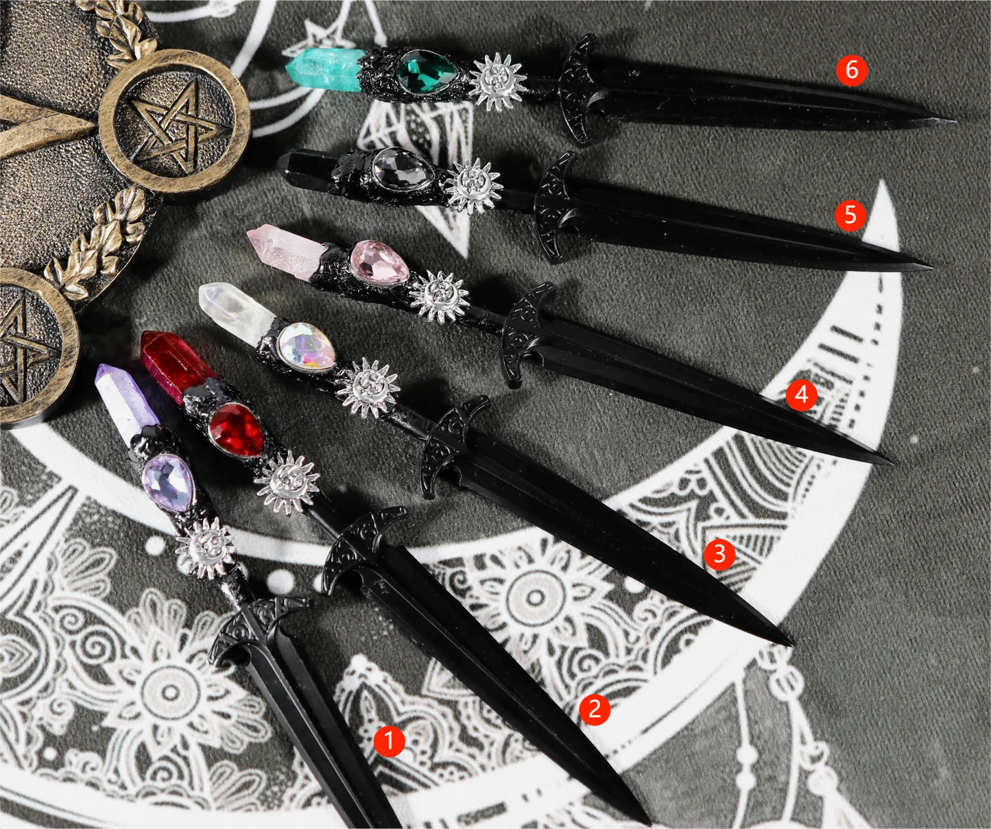 Épée en métal 88-96g, accessoires pour cheveux d'autel de sorcière en cristal, bâton de magicien, énergie païenne, Cosplay elfe gothique, baguette magique foncée, cadeaux de sorcière