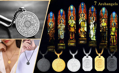 Collier en acier inoxydable pour hommes, amulette spirituelle, sceau des 7 archanges, Michael, bijoux de déclaration