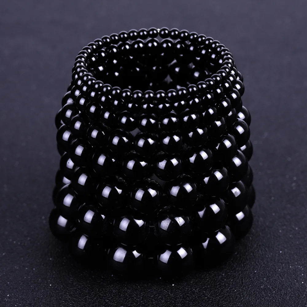 Bracelets bouddhistes tibétains en obsidienne noire pour hommes et femmes, amulette de bénédiction de prière, porte-bonheur, bijoux de médition, 4/6/8/10/12/14/16/18mm