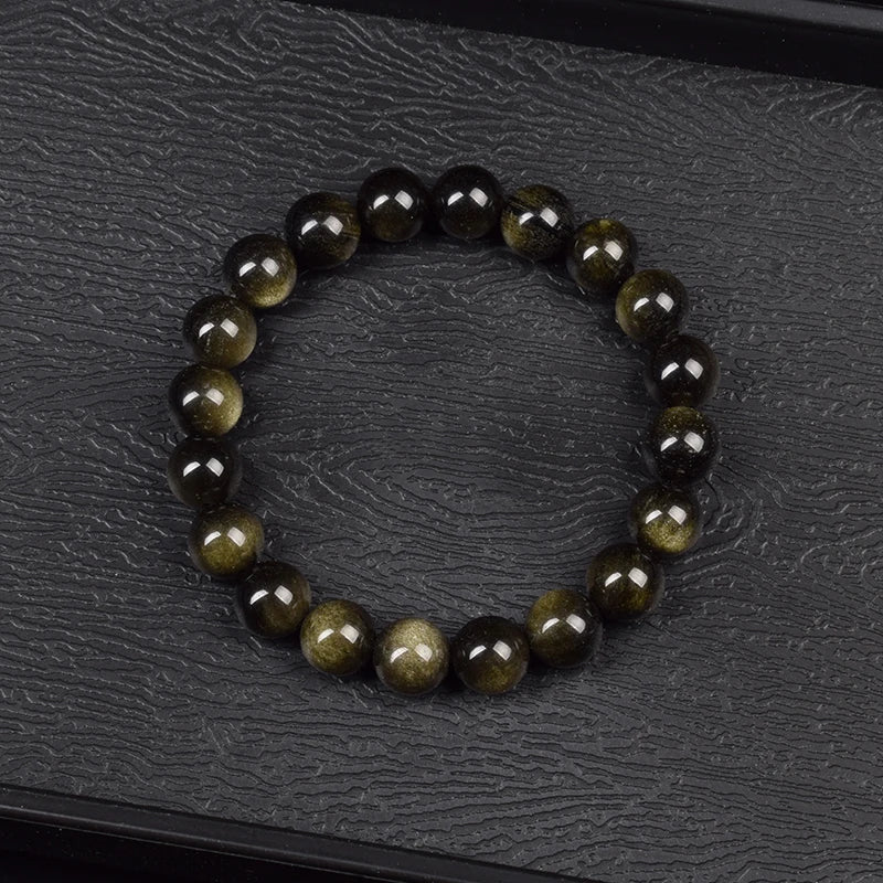 Bracelet de perles en pierre d'obsidienne dorée naturelle pour hommes et femmes, pierre brute d'obsidienne arc-en-ciel légère dorée, perle ronde, bijoux d'énergie naturelle