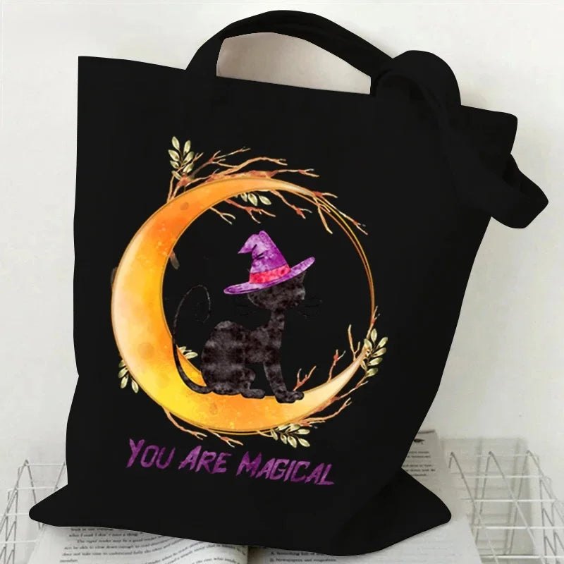 Sac fourre-tout écologique pour chat sorcière d'halloween, sac de shopping gothique chat noir, cadeau de saison effrayant, sac à main imprimé Animal drôle pour femmes