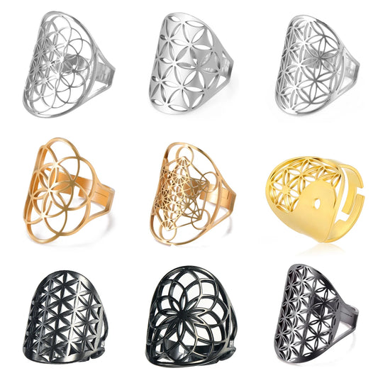 EUEAVAN – bague fleur de vie en acier inoxydable, géométrie sacrée archange Metatron, amulette réglable, bijoux cadeau, vente en gros