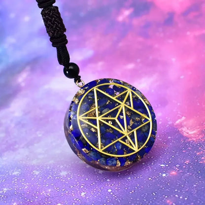 Pierres à puce en Lapis Lazuli de guérison, pendentif en cristal Merkaba hexagramme Orgonite avec feuille d'or, Relaxation mentale, géométrie sacrée