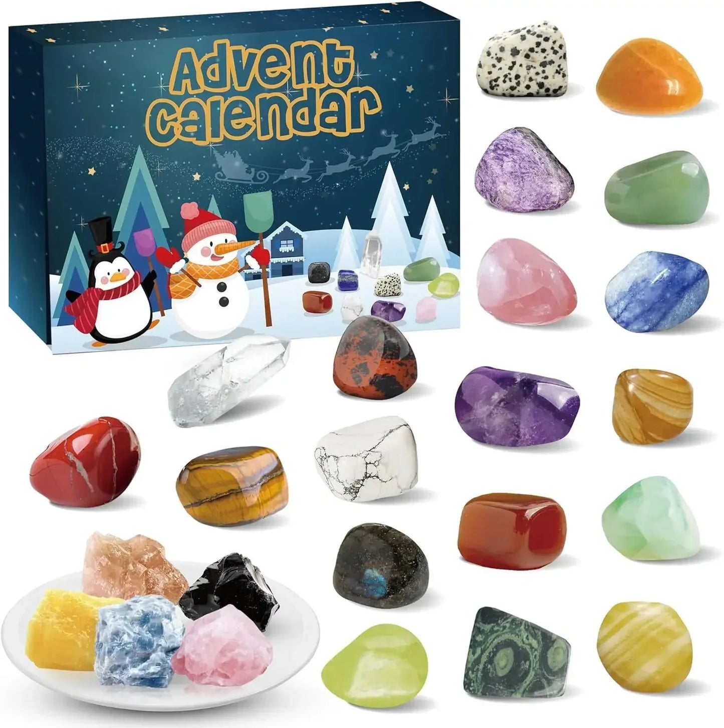 Calendrier de l'avent de noël, boîte de collecte de pierres précieuses en cristal naturel, calendrier de compte à rebours de 24 jours, boîte-cadeau en pierre de cristal pour enfants