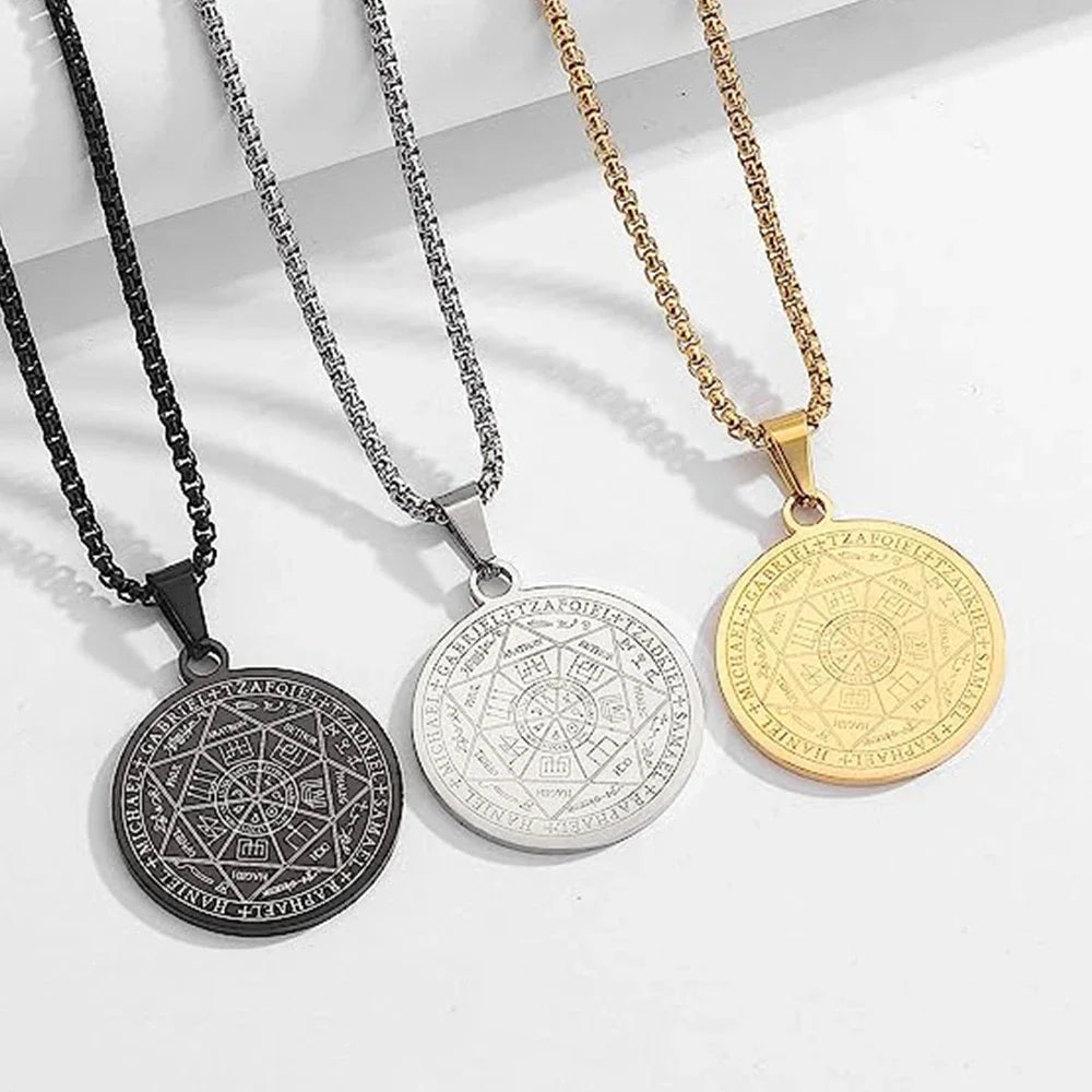 Collier en acier inoxydable pour hommes, amulette spirituelle, sceau des 7 archanges, Michael, bijoux de déclaration