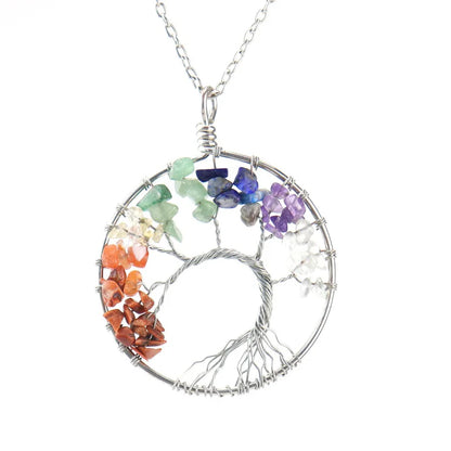Collier pendentif arbre de vie en pierre de cristal naturel, 7 chakras, Quartz, améthyste, bijoux de mariage pour femmes