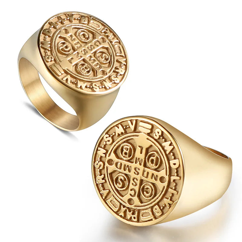 Patron catholique Saint benoît de Nursia, bague croisée CSPB pour hommes, bijoux en acier inoxydable, VRSNSMV SMQLIVB NDSMD CSSML