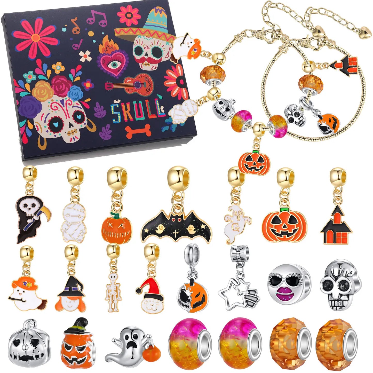 Calendrier de l'avent d'halloween 24 jours, coffret cadeau crâne citrouille, breloques à assembler soi-même, Bracelet de perles, calendrier Surprise de compte à rebours d'halloween, cadeau