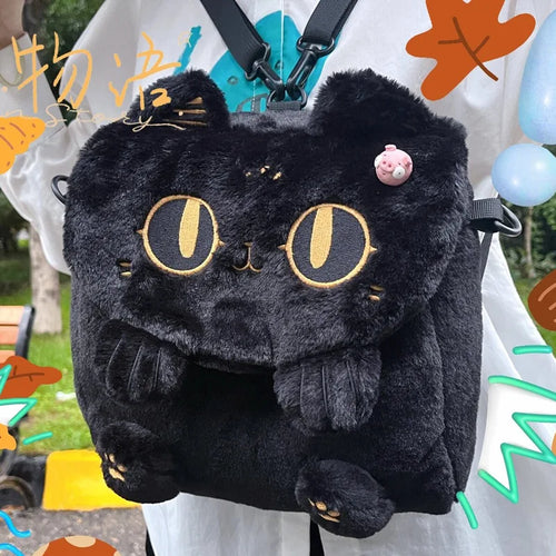 Sac à dos en peluche petit chat noir pour femmes, mignon dessin animé, sac à bandoulière multifonctionnel pour étudiantes, nouvelle collection 2024