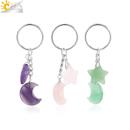 Porte-clés en pierre naturelle Healing, breloque étoile ChimMoon, pendentif en perle, porte-documents en argent, porte-clés, porte-clés de voiture, décoration de sac, porte clés pierres de protection lune