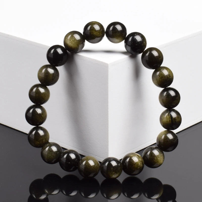 Bracelet de perles en pierre d'obsidienne dorée naturelle pour hommes et femmes, pierre brute d'obsidienne arc-en-ciel légère dorée, perle ronde, bijoux d'énergie naturelle