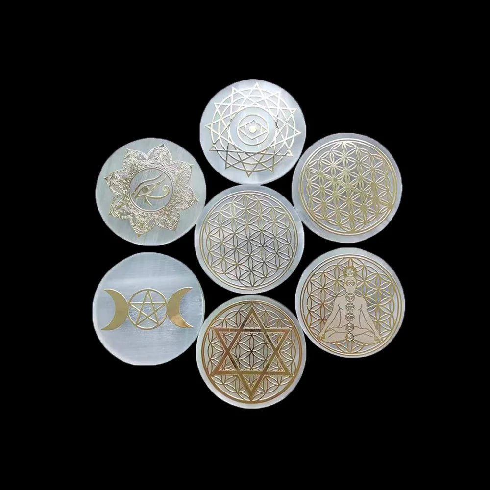 Dalles en tranches de sélénite en cristal naturel, 6CM, gypse blanc, 7 Chakras, fleur de vie, plaque de chargement, Yoga, méditation, guérison Fengshui
