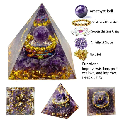 Pyramide de générateur d'énergie en cristal naturel, péridot, améthyste, Reiki, Chakra de guérison, pyramide en résine, décor égyptien, décoration de salle, 1 pièce