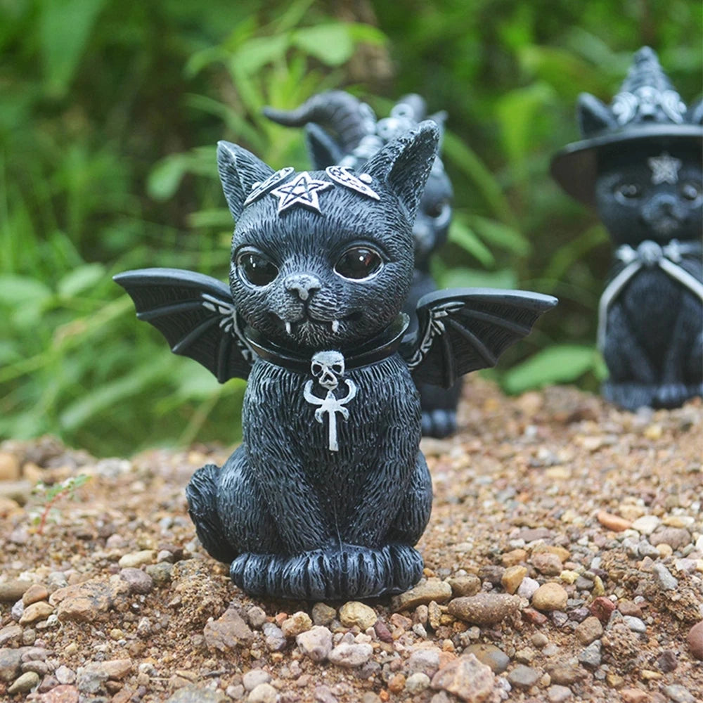 Figurine décorative d'halloween, Sculpture de chat sorcière de jardin, Statue de chaton gothique, chat magique noir, hibou, ornement de magicien, Miniature mignonne