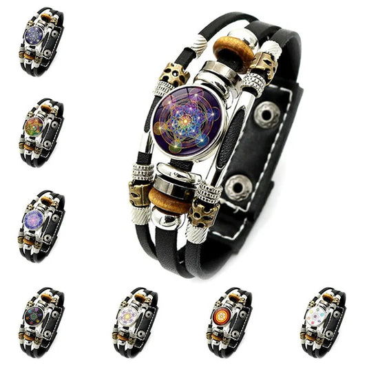 Bracelet Vintage mystérieux Cube Metatron, géométrie sacrée, fleur de vie, bouton-pression, multicouche, Punk, en cuir, vente en gros