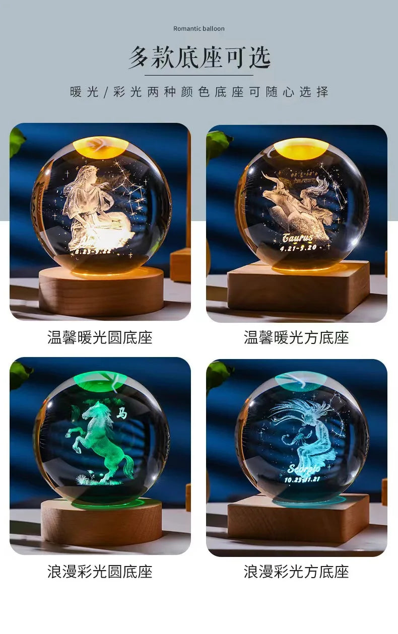 Décoration artisanale en verre 3D, 12 Constellations, boule de cristal gravée au Laser, système solaire d'anniversaire, cadeau, Base en bois, décor de bureau pour la maison