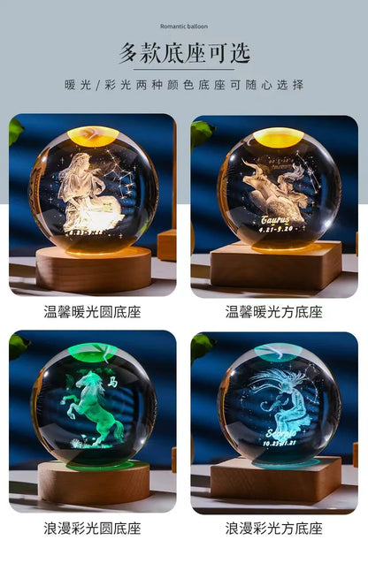 Décoration artisanale en verre 3D, 12 Constellations, boule de cristal gravée au Laser, système solaire d'anniversaire, cadeau, Base en bois, décor de bureau pour la maison