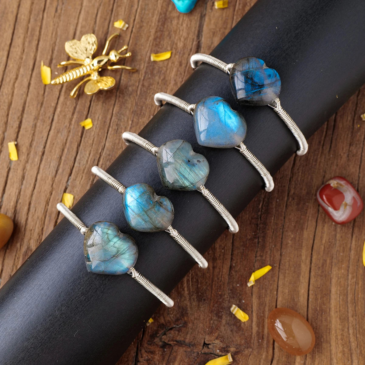 Pierre précieuse en cristal naturel, Labradorite Aura, cœur d'amour, doré, argenté, réglable, pierre énergétique, artisanat, décoration, cadeau, 1 pièce