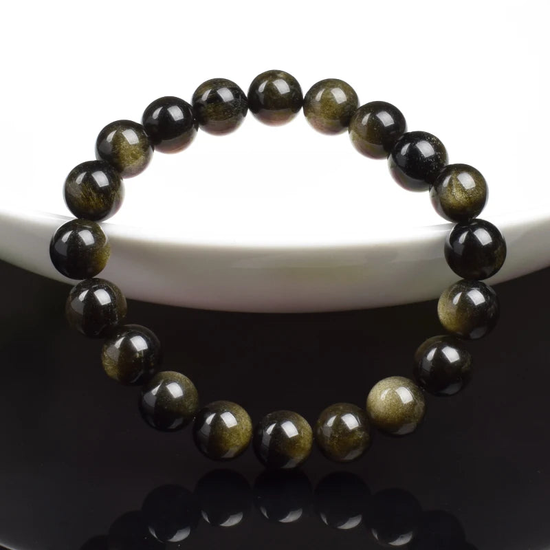 Bracelet de perles en pierre d'obsidienne dorée naturelle pour hommes et femmes, pierre brute d'obsidienne arc-en-ciel légère dorée, perle ronde, bijoux d'énergie naturelle