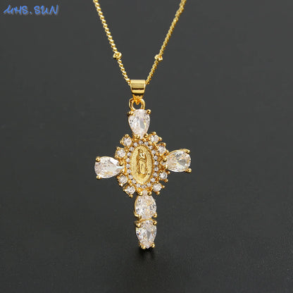 MHS.SUN luxe vierge Guadalupe Mary croix pendentif collier pour femmes hommes exquis Zircon catholique religieux amulette bijoux