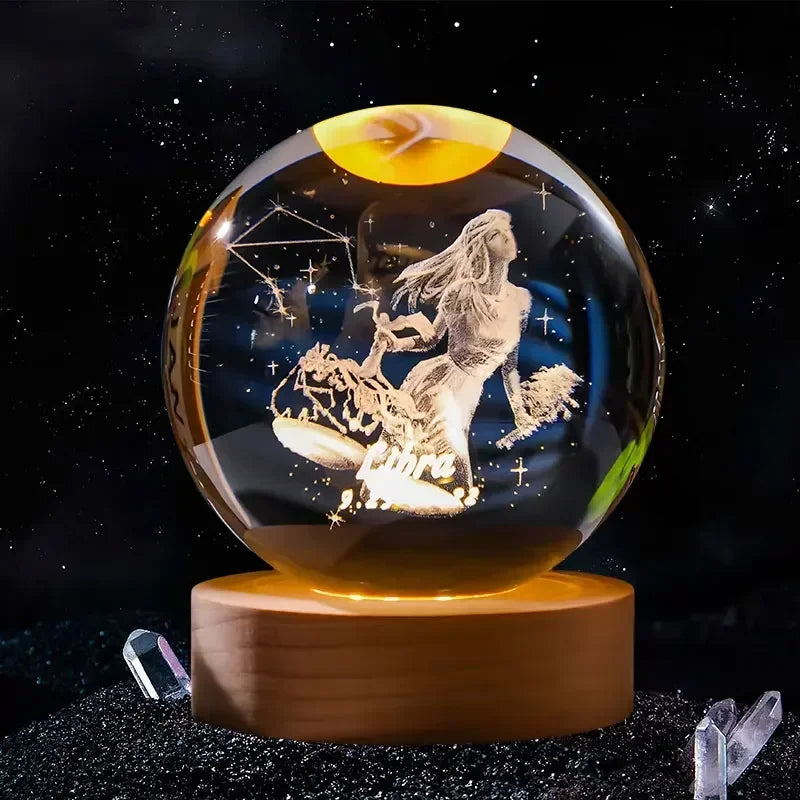 Décoration artisanale en verre 3D, 12 Constellations, boule de cristal gravée au Laser, système solaire d'anniversaire, cadeau, Base en bois, décor de bureau pour la maison
