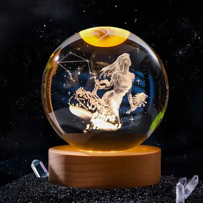 Décoration artisanale en verre 3D, 12 Constellations, boule de cristal gravée au Laser, système solaire d'anniversaire, cadeau, Base en bois, décor de bureau pour la maison
