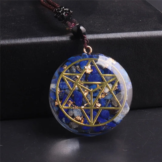 Pierres à puce en Lapis Lazuli de guérison, pendentif en cristal Merkaba hexagramme Orgonite avec feuille d'or, Relaxation mentale, géométrie sacrée