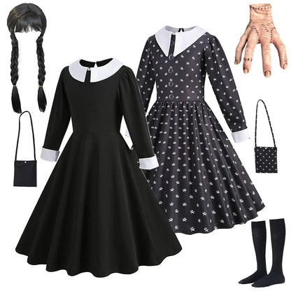 Robe de Soirée Noire pour Fille, Tenue Éducative pour Halloween, Addams, Cosplay, Gothique, Carnaval, Enfant