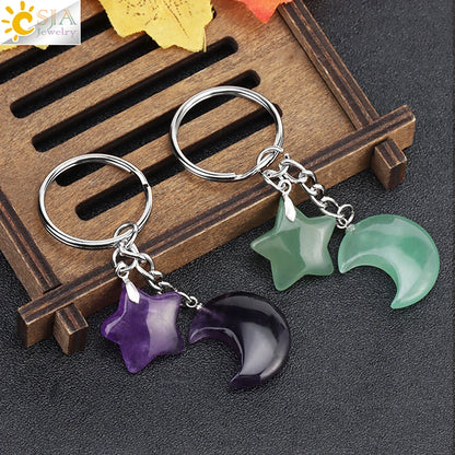 Porte-clés en pierre naturelle Healing, breloque étoile ChimMoon, pendentif en perle, porte-documents en argent, porte-clés, porte-clés de voiture, décoration de sac, porte clés pierres de protection lune