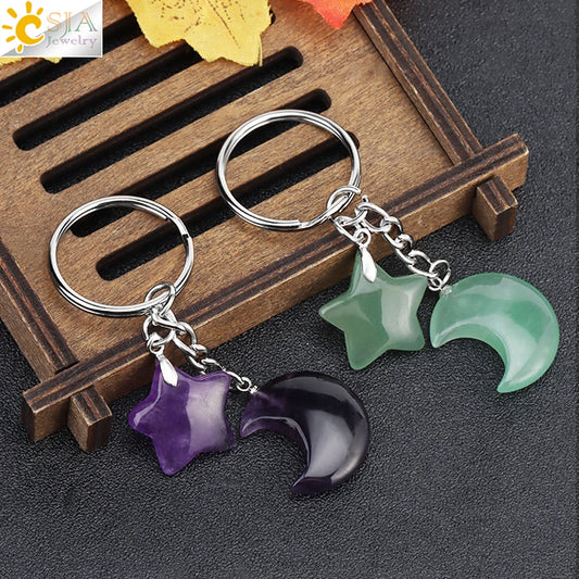 Porte-clés en pierre naturelle Healing, breloque étoile ChimMoon, pendentif en perle, porte-documents en argent, porte-clés, porte-clés de voiture, décoration de sac, porte clés pierres de protection lune