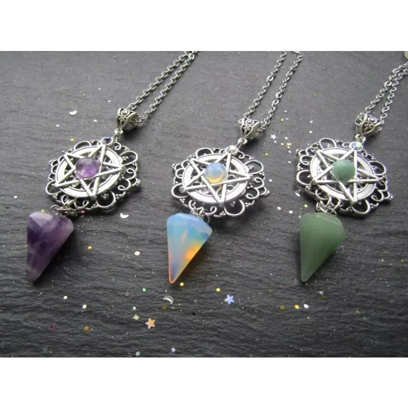 Collier de sorcière blanc, violet ou vert, collier païen, collier de sorcière, collier Wicca, bijoux Pentacle, païen, Wicca, pentagramme
