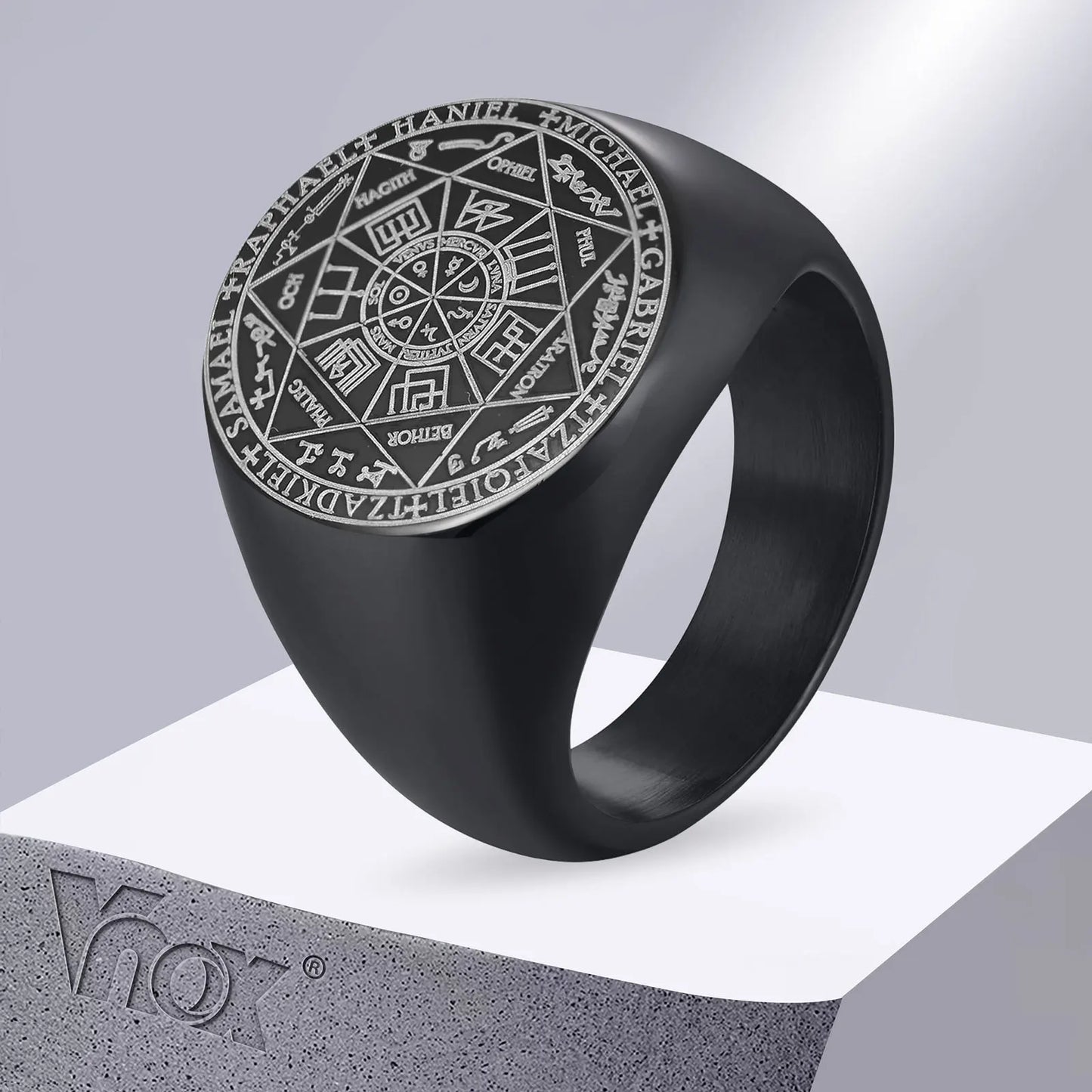 Vnox – bagues sept sceaux d'anges pour hommes, bande de doigt ronde avec tampon supérieur, bague en forme de Cube Metatron, bijoux Punk épais