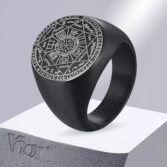 Vnox – bagues sept sceaux d'anges pour hommes, bande de doigt ronde avec tampon supérieur, bague en forme de Cube Metatron, bijoux Punk épais