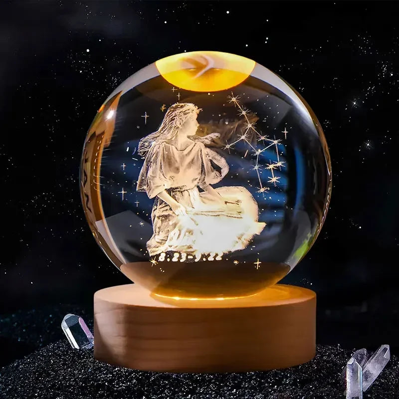 Décoration artisanale en verre 3D, 12 Constellations, boule de cristal gravée au Laser, système solaire d'anniversaire, cadeau, Base en bois, décor de bureau pour la maison