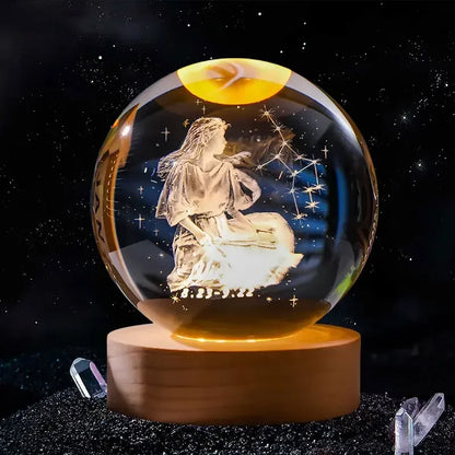 Décoration artisanale en verre 3D, 12 Constellations, boule de cristal gravée au Laser, système solaire d'anniversaire, cadeau, Base en bois, décor de bureau pour la maison