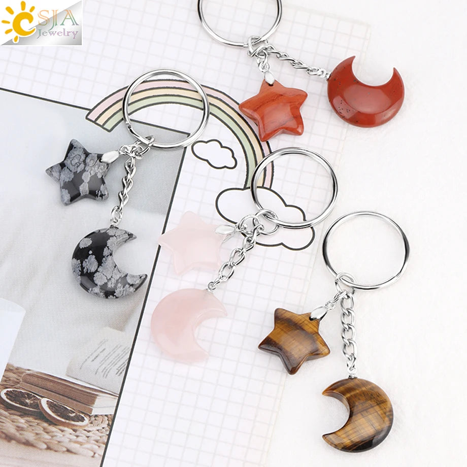 Porte-clés en pierre naturelle Healing, breloque étoile ChimMoon, pendentif en perle, porte-documents en argent, porte-clés, porte-clés de voiture, décoration de sac, porte clés pierres de protection lune