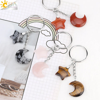 Porte-clés en pierre naturelle Healing, breloque étoile ChimMoon, pendentif en perle, porte-documents en argent, porte-clés, porte-clés de voiture, décoration de sac, porte clés pierres de protection lune