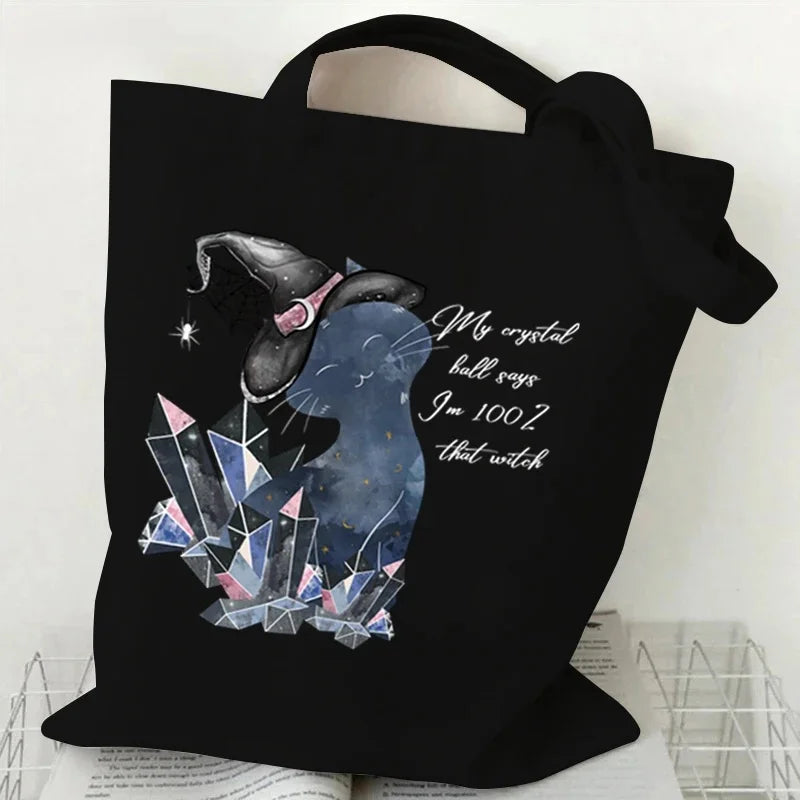 Sac fourre-tout écologique pour chat sorcière d'halloween, sac de shopping gothique chat noir, cadeau de saison effrayant, sac à main imprimé Animal drôle pour femmes