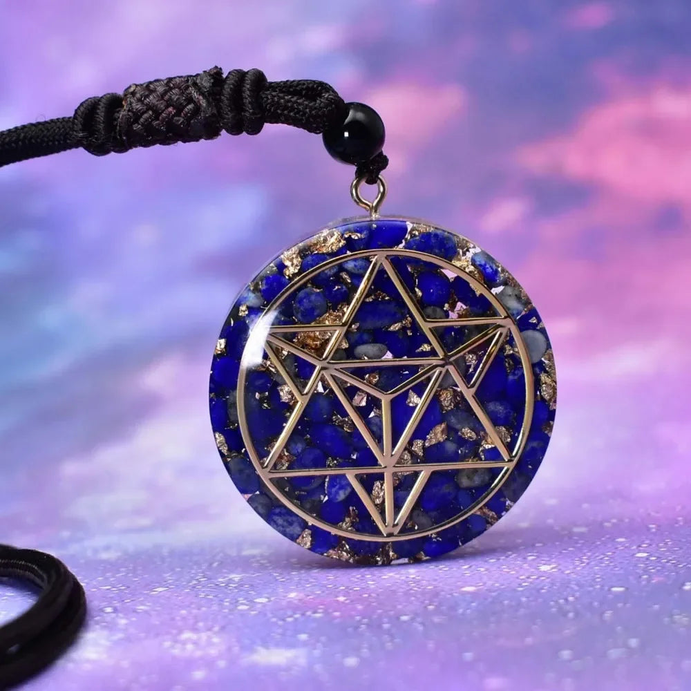 Pierres à puce en Lapis Lazuli de guérison, pendentif en cristal Merkaba hexagramme Orgonite avec feuille d'or, Relaxation mentale, géométrie sacrée
