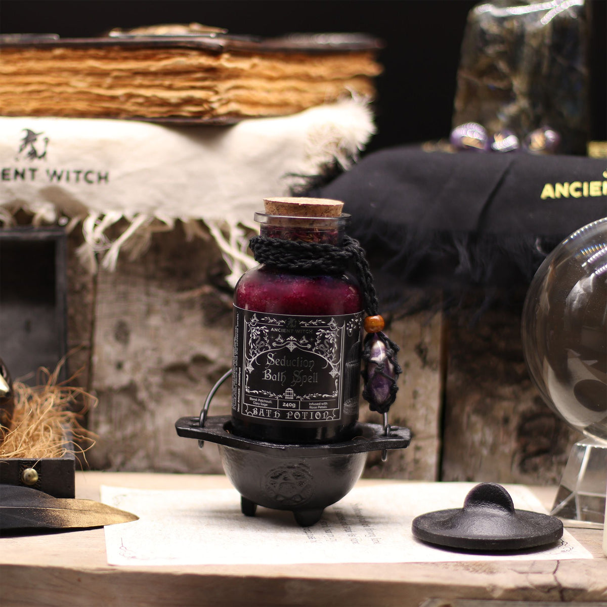 Poción de hechizo para baño de bruja antigua y amuleto de cristal de amatista - Seducción