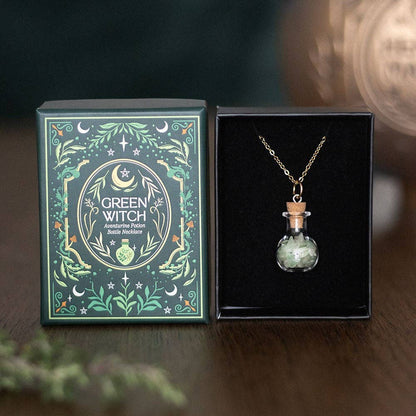 Collier Bouteille de Potion Aventurine Sorcière Verte